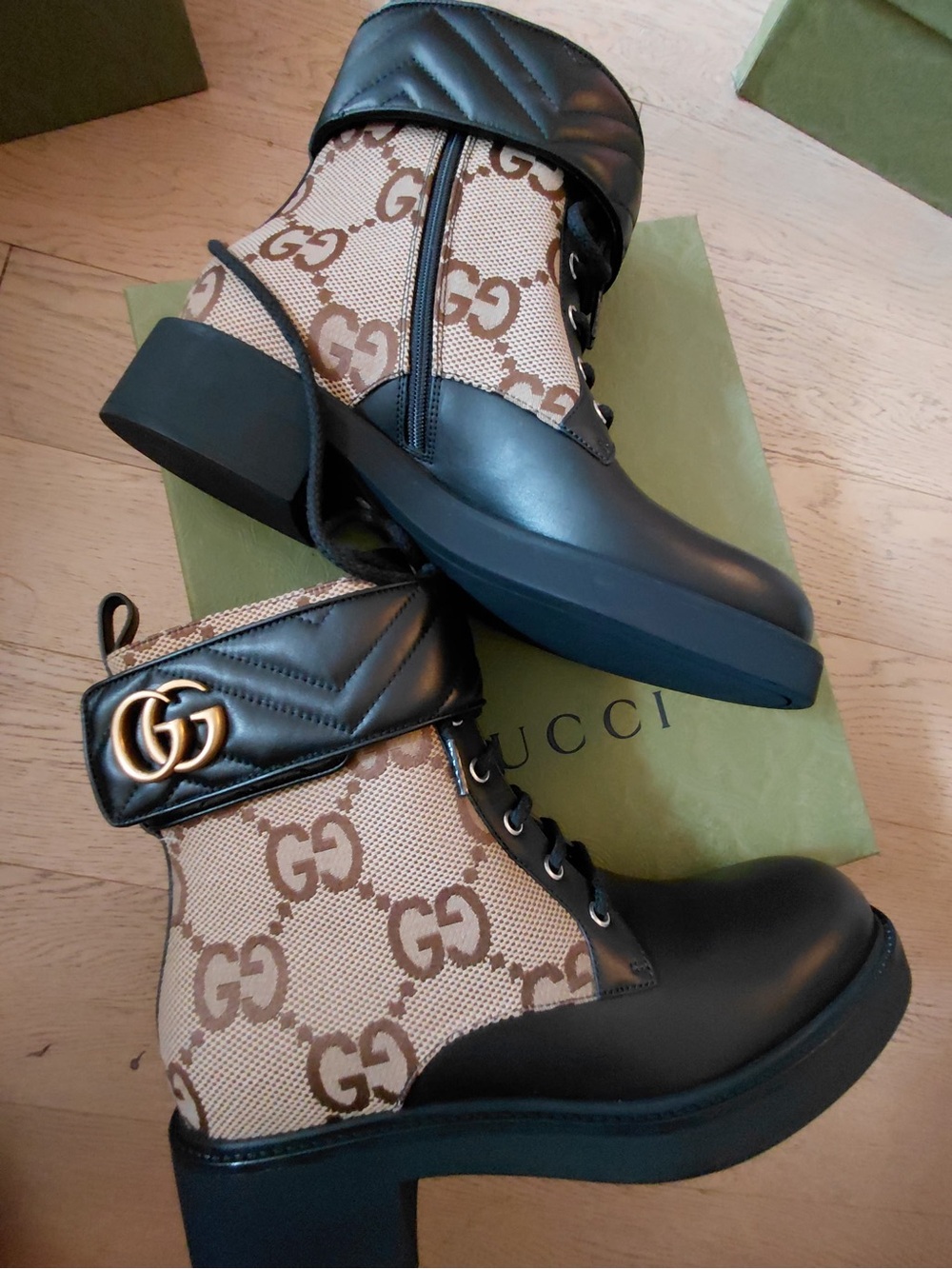 Gucci Black Leather & Beige GG Canvas Lace-Up Boots